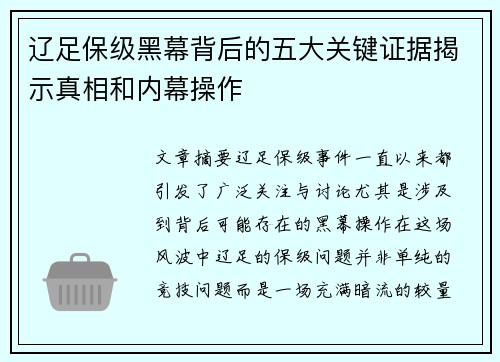 辽足保级黑幕背后的五大关键证据揭示真相和内幕操作