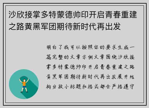 沙欣接掌多特蒙德帅印开启青春重建之路黄黑军团期待新时代再出发 沙欣接掌多特蒙德帅印开启青春重建之路黄黑军团期待新时代再出发