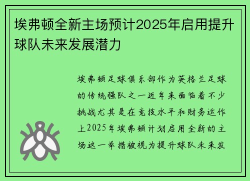 埃弗顿全新主场预计2025年启用提升球队未来发展潜力 埃弗顿全新主场预计2025年启用提升球队未来发展潜力